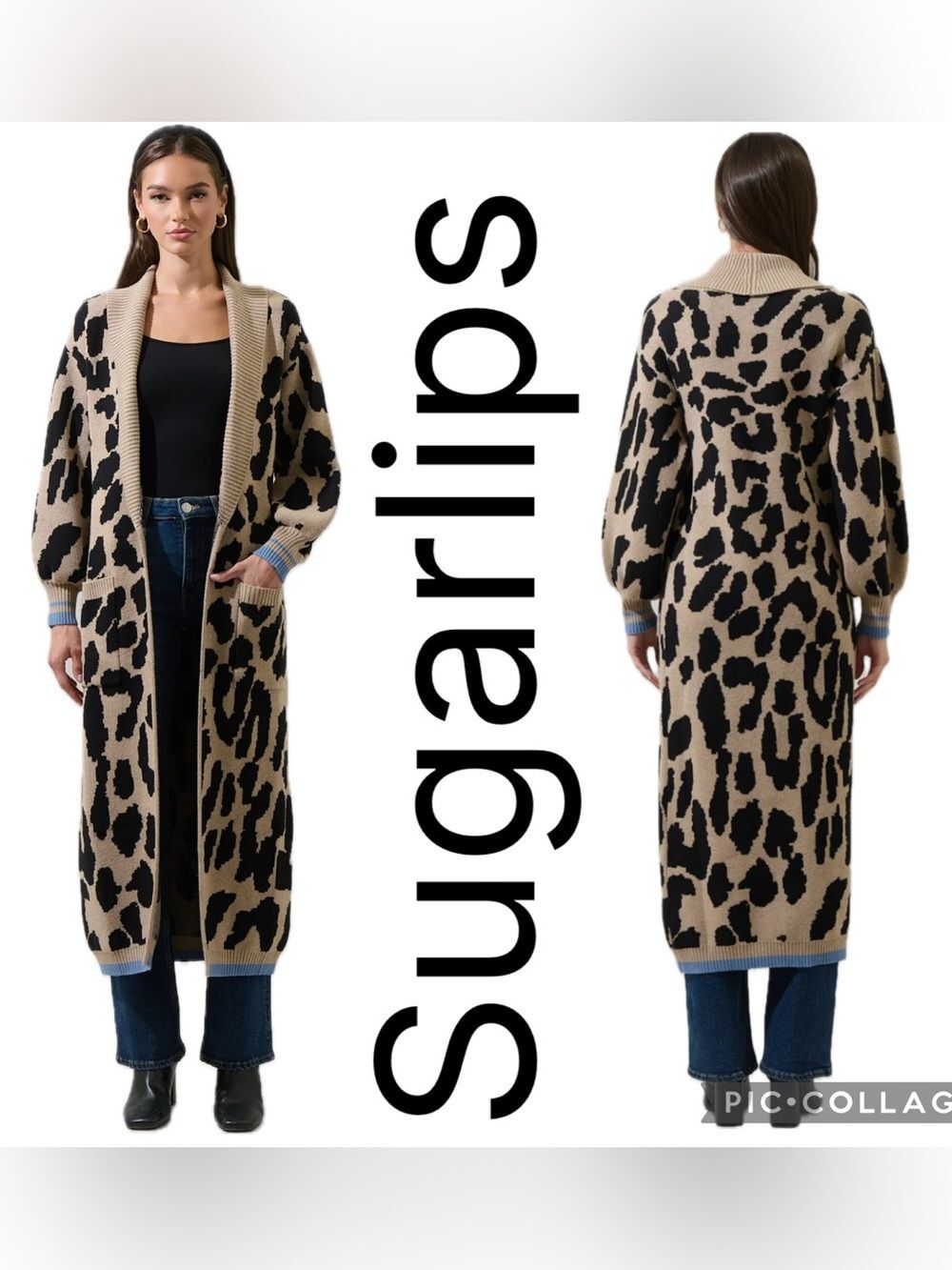 (H0) SugarlipsLong leopard print cardigan,Sz S, with front slit,Sweater,beige